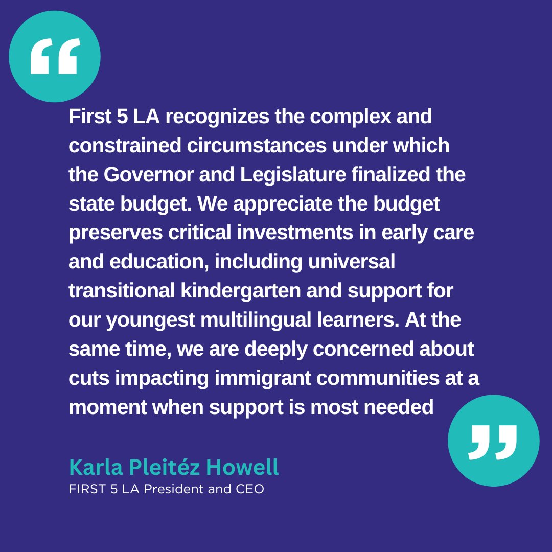 First 5 LA President and CEO Karla Pleitéz Howell released the following statement in response to the enacted FY 2025-2026 #CABudget. Read the full statement: bit.ly/3I3pcod