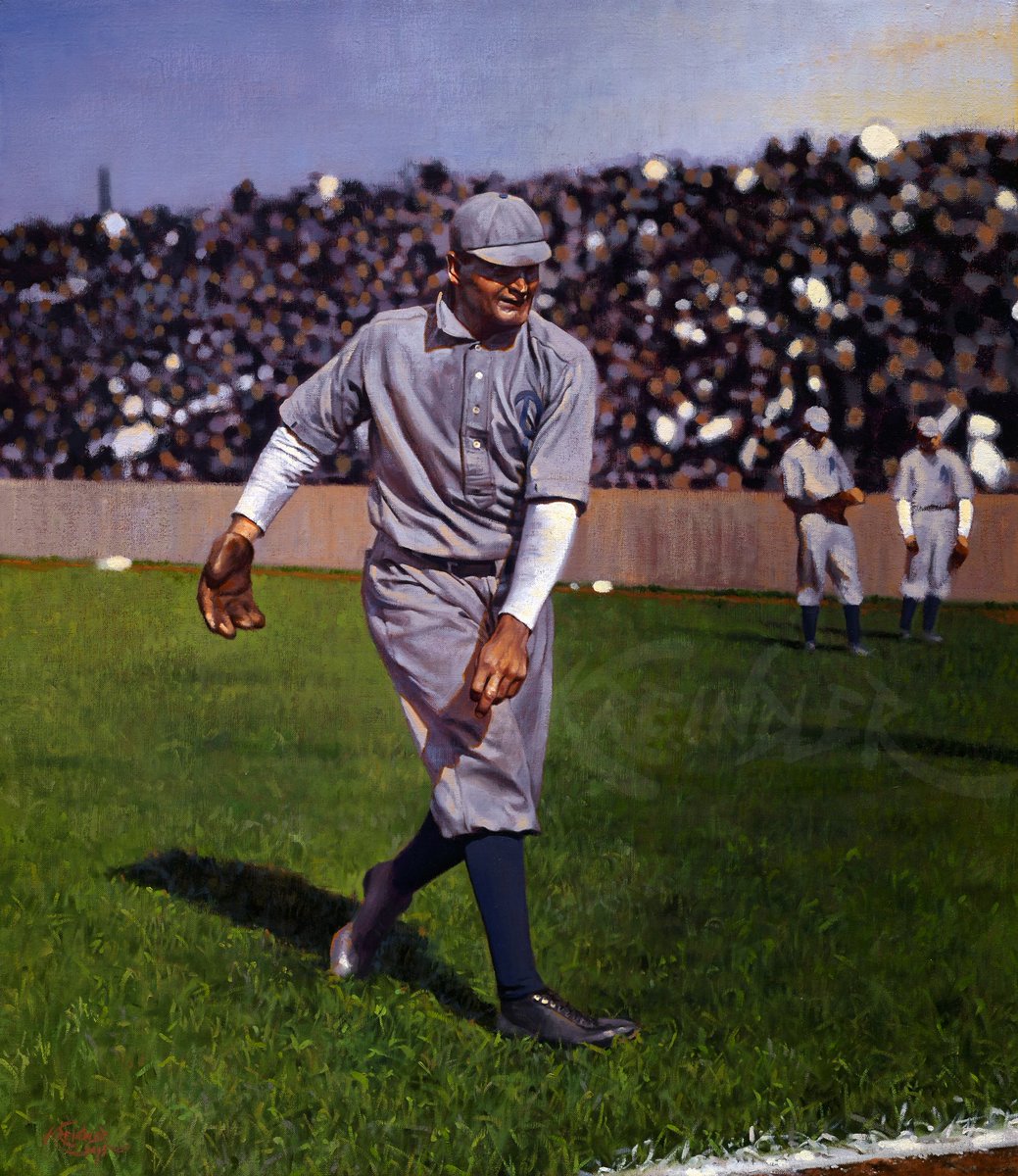 #OTD in 1902, Rube Waddell made his debut with the Athletics. Facing the minimum 27 batters, he struck out 13 in the Oriole Park contest, beating Baltimore 2-0. Here’s my painting of the southpaw loosening up on the sidelines of Huntington Avenue Grounds in Boston that same year.