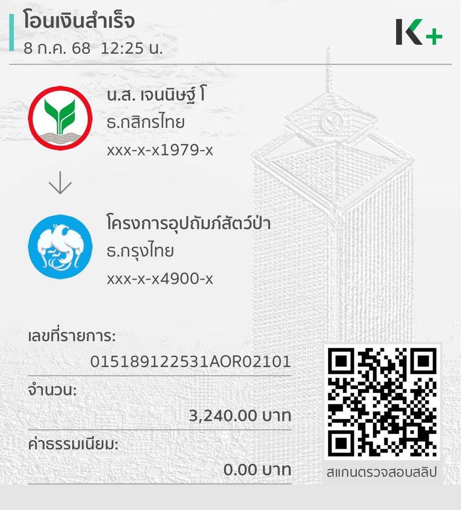 JennisProject's tweet image. สรุปยอดบริจาคโครงการอุปถัมภ์สัตว์ ป่า สวนสัตว์เปิดเขาเขียว เนื่องในวันเกิดครบ 25 ปีของเจนนิษฐ์

🔵จากบัญชีระดมทุน
25,252.5 บาท

Statement ของบัญชีระดมทุน
🔗drive.google.com/file/d/1Pns1Rr…

🔵จากการจำหน่ายเสื้อ jersey วันเกิด
3,240 บาท

รวมทั้งสิ้น 25,252.5+3240 = 28,492.5 บาท