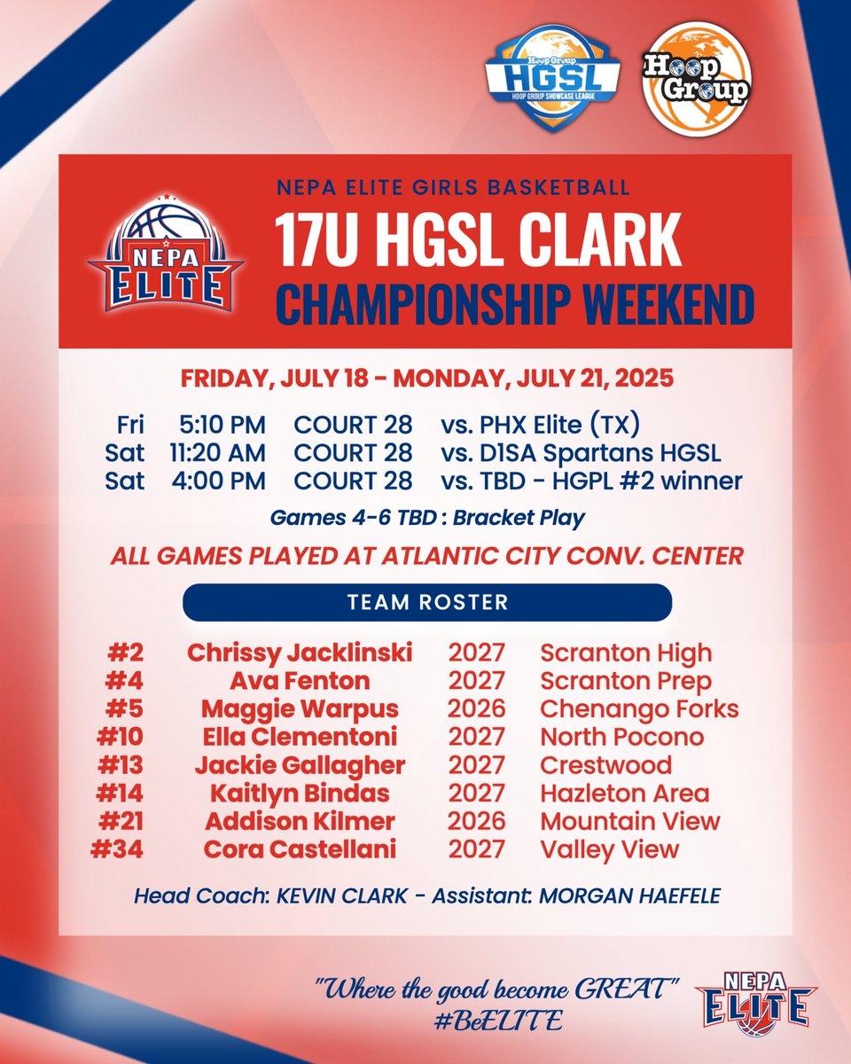 17U HGSL Clark | <a href="/hgsl_girls/">Hoop Group Girls</a> Championship Weekend ⛱️🏀
📆 Jul 18-21
📍 Atlantic City Conv. Center

LIVE PERIOD FINALE ⬇️

👥 <a href="/Chrissy_jack2/">Chrissy Jacklinski</a> <a href="/WarpusMaggie/">Maggie Warpus</a> <a href="/clementoni_ella/">Ella Clementoni - c/o 2027</a> <a href="/KaitlynBindas14/">Kaitlyn Bindas</a> <a href="/addisonkilmer21/">Addison Kilmer</a> <a href="/Castellani34/">Cora Castellani</a> 

📲 HC <a href="/Coach_Clark42/">Kevin J. Clark</a>, AC <a href="/morgan_haefele/">Morgan</a> 

#BeELITE