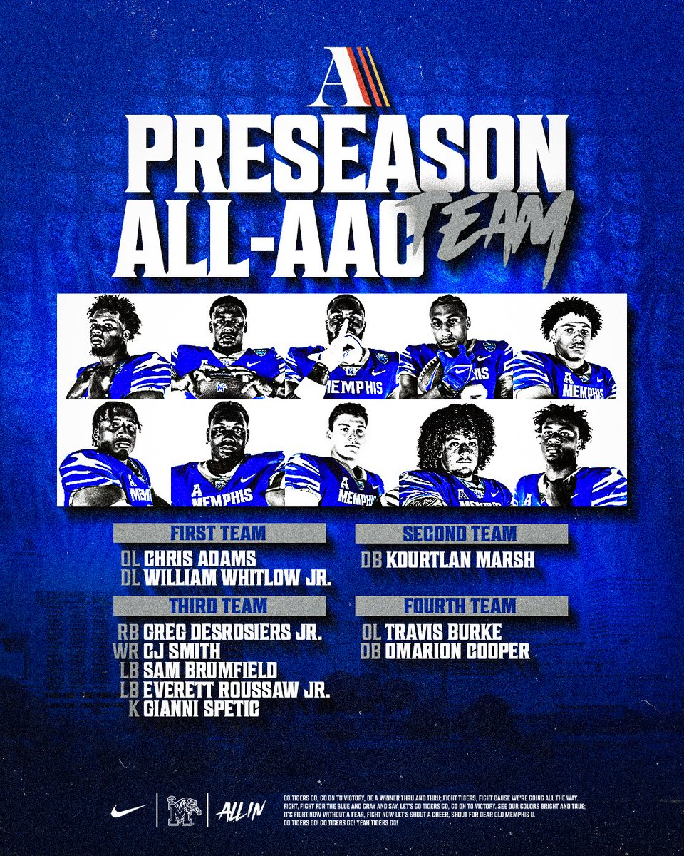 Memphis lands 🔟 on the <a href="/AthlonSports/">Athlon Sports</a> All-AAC Preseason Team.

#ALLIN | #GoTigersGo