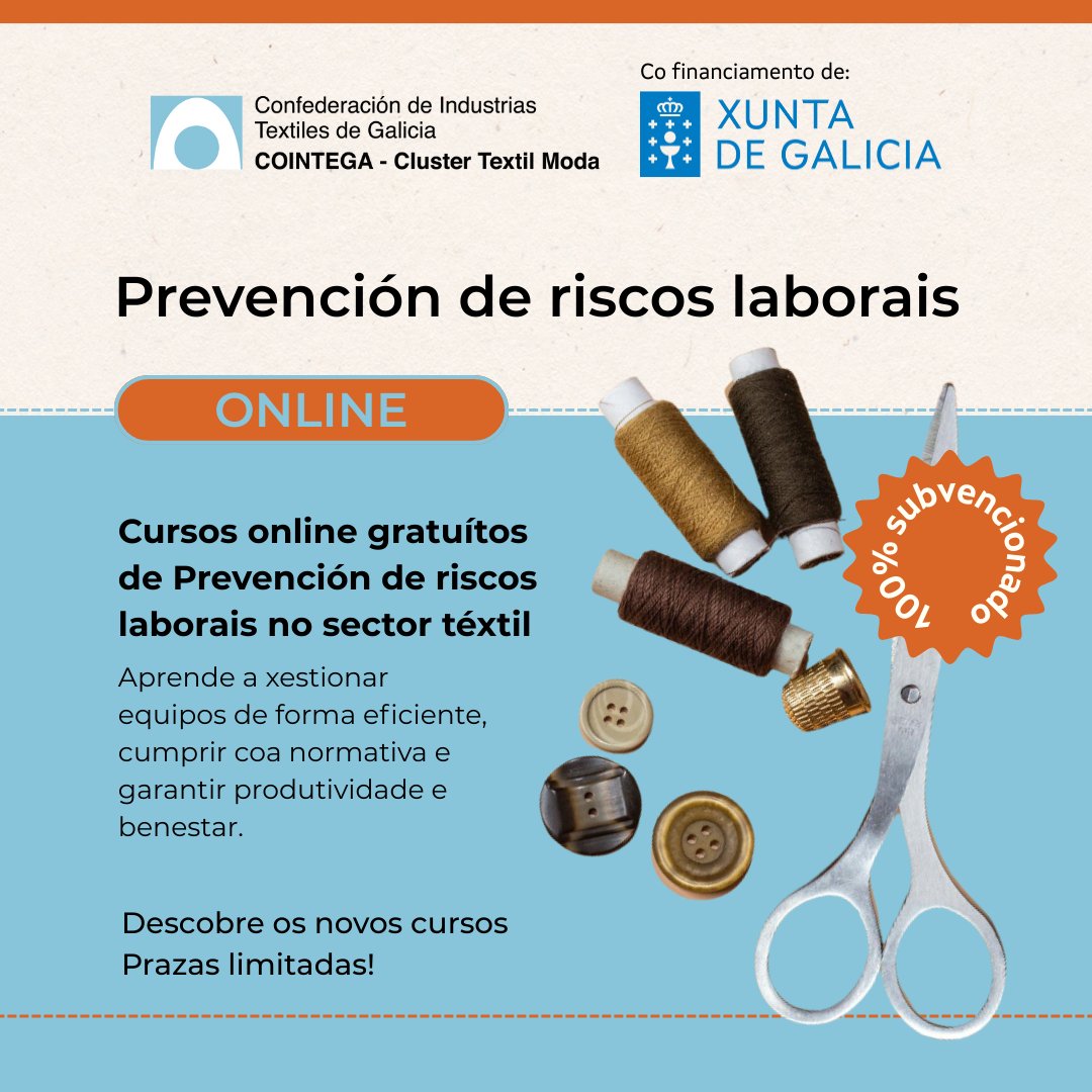 Desde <a href="/COINTEGA/">COINTEGA</a>  lanzamos nuevos cursos online de PRL en el sector textil
Formación 100% subvencionada | Plazas limitadas
📌 Formación online, flexible y sin coste gracias al apoyo de la Xunta de Galicia.
🧵 ¡Inscríbete ya y no pierdas tu plaza! metodoformacion.com/busquedas/ocup…