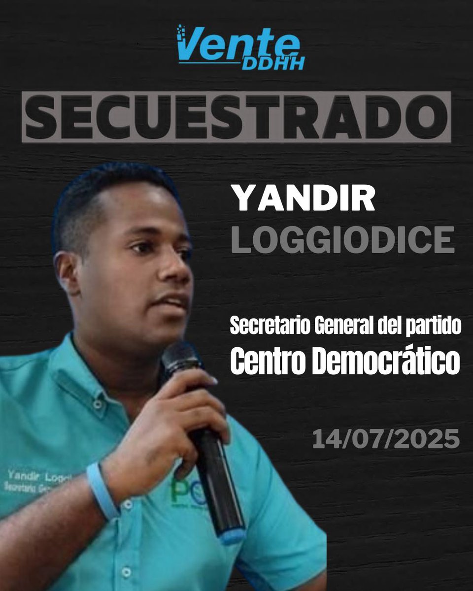 ¡ALERTA MÁXIMA POR YANDIR LOGGIODICE! Denunciamos el secuestro del Secretario General del Partido Centro Democrático, el compañero de lucha Yandir (<a href="/Yandir_PCD/">Yandir Loggiodice</a>), quien presenta una condición médica delicada. Su secuestro se produjo este lunes 14 de julio, cuando los esbirros del