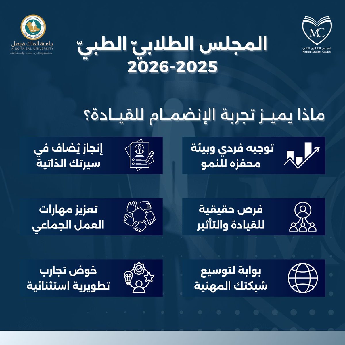 رحلة قيادية تُثري مسيرتك، وتُمهّد لك طريق الأثر.. إليكم أبرز مزايا الانضمام للقيادة بالمجلس الطلابي الطبي✨

 #المجلس_الطلابي_الطبي
 #قادة_نحو_التمكين_والريادة