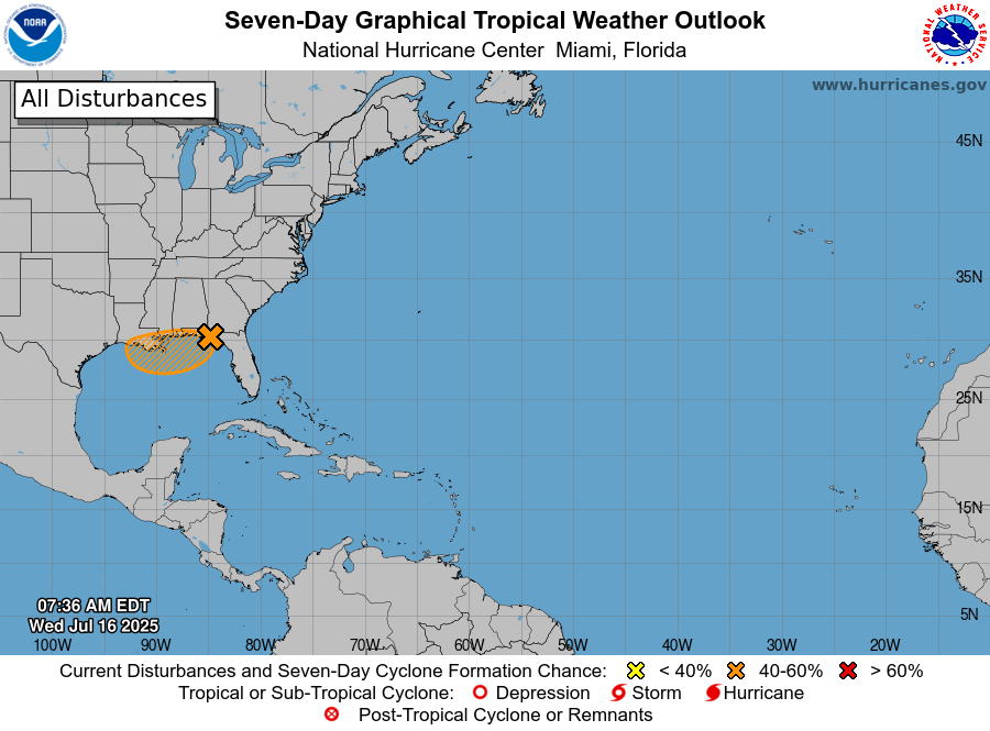 Invest 93-L is moving west across the Florida Panhandle this AM. It will hug the coast today, but if this system moves far enough offshore, there's a 40% chance a tropical depression could still form before reaching Louisiana on Thursday, then fully inland by the end of the week.