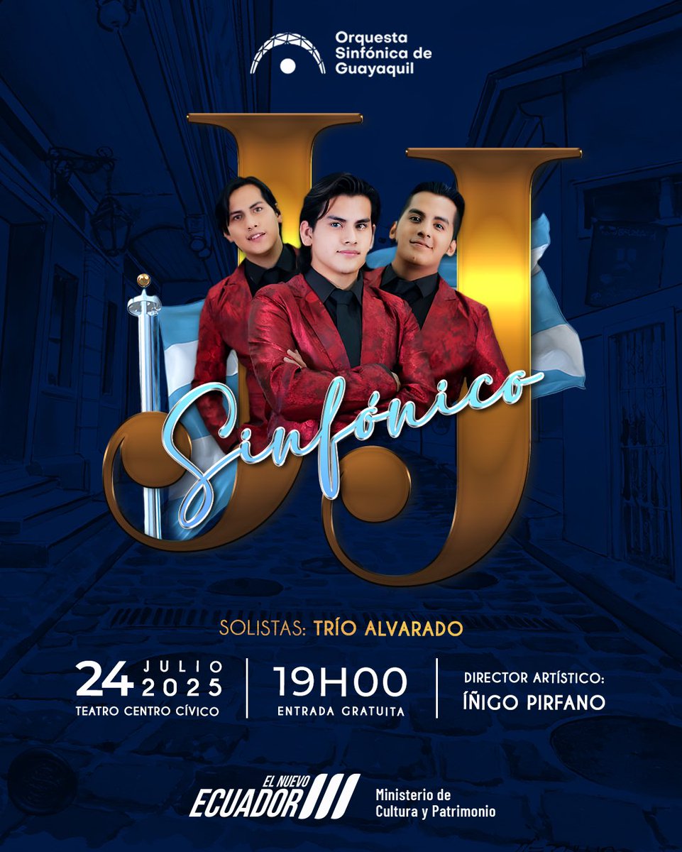✨ Este 24 de julio celebramos Guayaquil con JJ Sinfónico, un homenaje a nuestra ciudad y a Julio Jaramillo.
📍 Teatro Centro Cívico • 
🕖 19:00 • 
🎟 Entrada gratuita

💙 Con nuestra orquesta y Trío Alvarado, revive grandes éxitos. ¡Te esperamos!