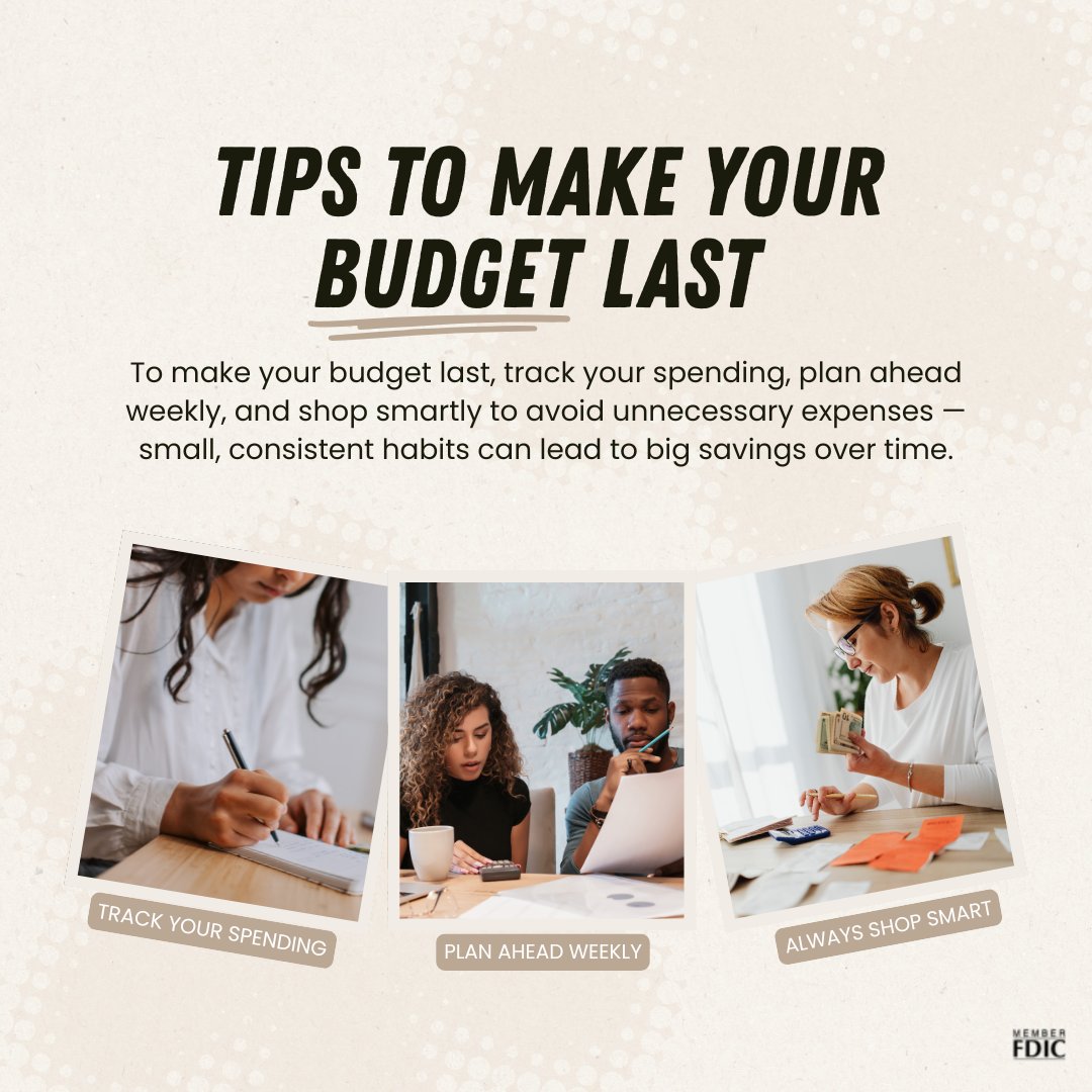 Stretch your budget with these simple tips:

Track Spending - Know where your money goes.
Plan Weekly - Budget ahead to avoid surprises.
Shop Smart - Use deals, coupons &amp; compare prices.

Small habits = big savings 💰