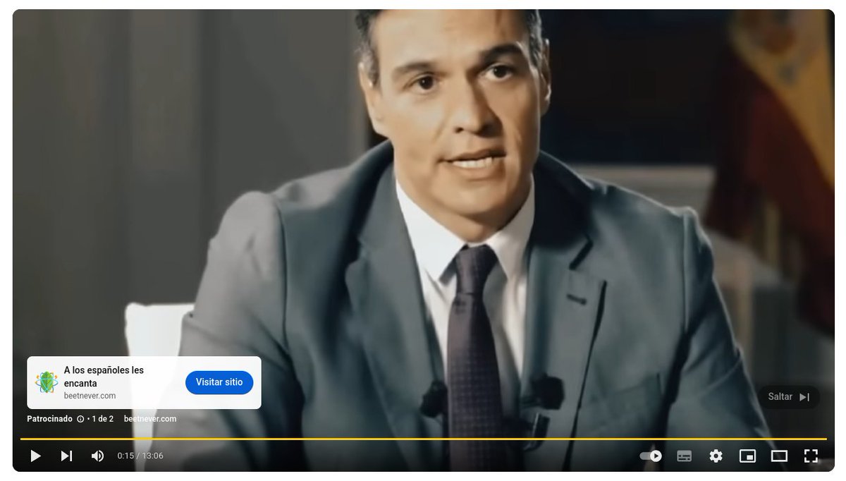 Me ha saltado este anuncio en <a href="/YouTube/">YouTube</a> , imagen de <a href="/sanchezcastejon/">Pedro Sánchez</a> , voz clonada y sincronizado de labios. Era suficiente para engañar a la gente ya que hablaba de una inversión desde 250€ y que estaba avalada por el Gobierno. ¿No es delito publicar eso?