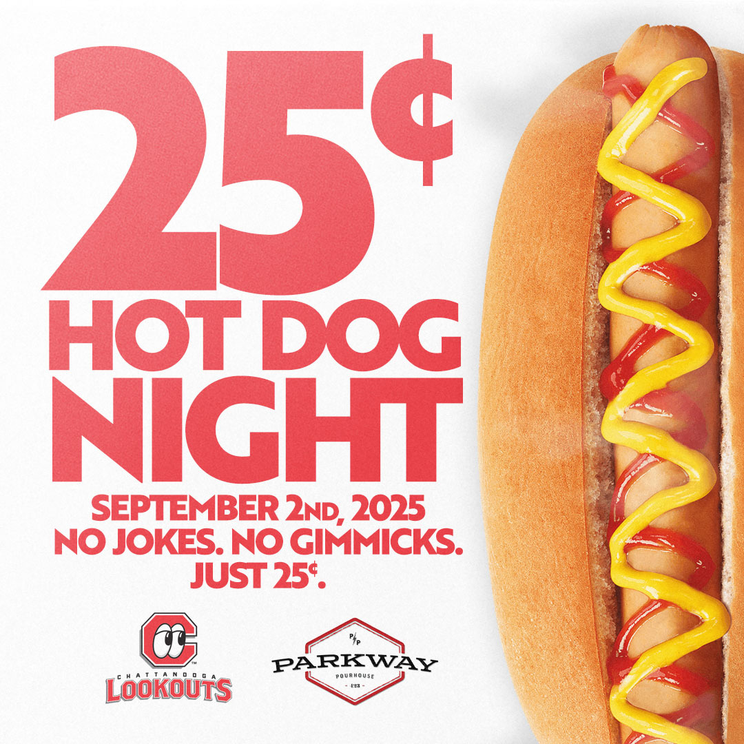 ChattLookouts's tweet image. No Jokes. No Gimmicks. Just 25¢.
It’s finally happening! 25¢ Hot Dog Night on Tuesday, September 2nd thanks to Parkway Pourhouse.
Buy Ticket Here: tinyurl.com/yw9bjdda