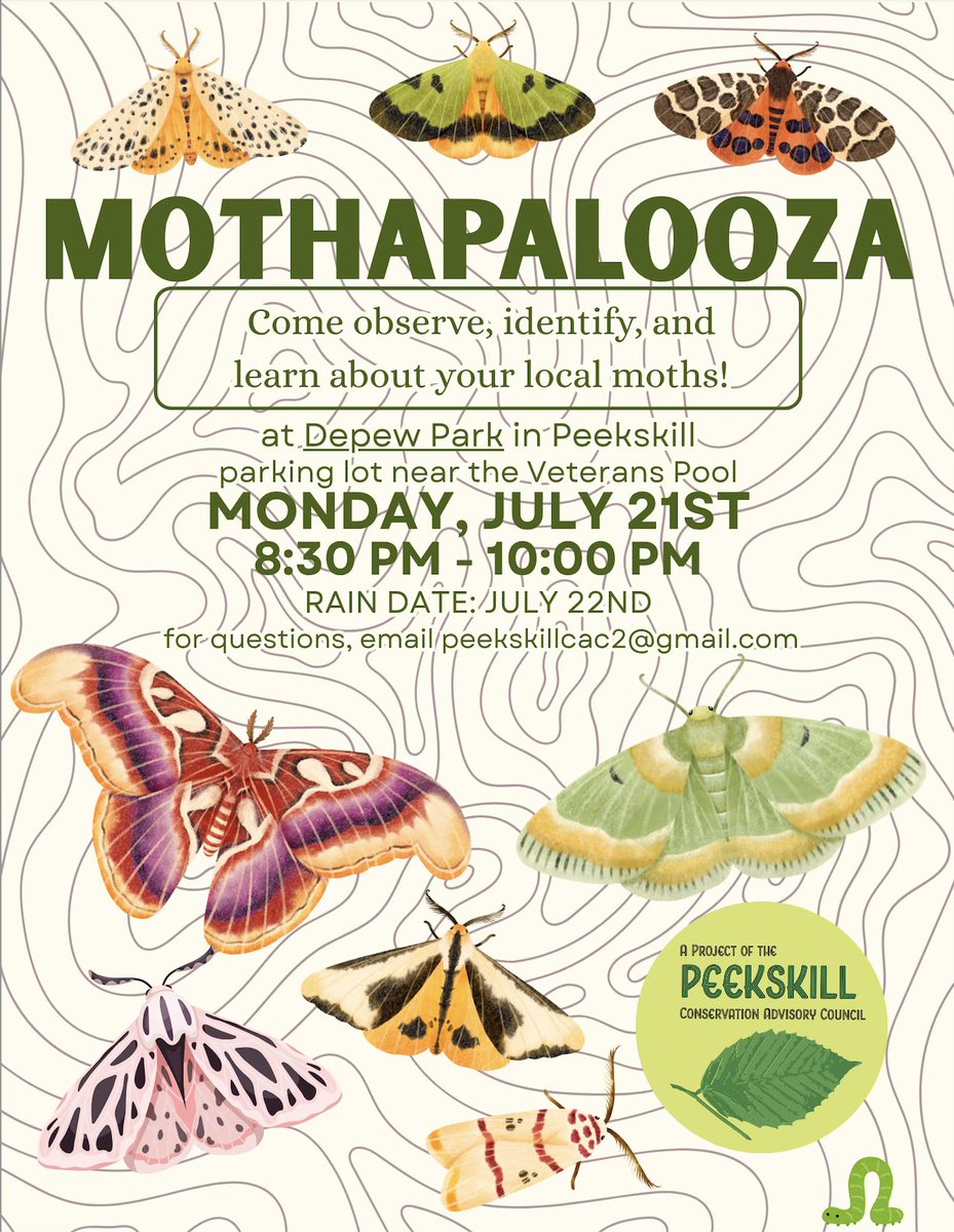 CityOfPeekskill's tweet image. Join the Peekskill Conservation Advisory Council at their Mothapalooza event on Monday, July 21st, from 8:30 pm - 10:00 pm at Depew Park in the parking lot near the Veterans Memorial Pool. For more information about the event, please email peekskillcac2@gmail.com.