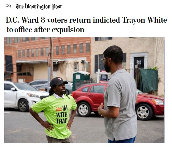 ChuckThies's tweet image. Credit to Ward 8 voters: 71% rejected @trayonwhite.
Big-time fail on behalf of all DC political players and institutions: none had the ability (desire?) to recruit or support a candidate. Winning required a mere 2,000 votes from among 56,000 eligible voters.