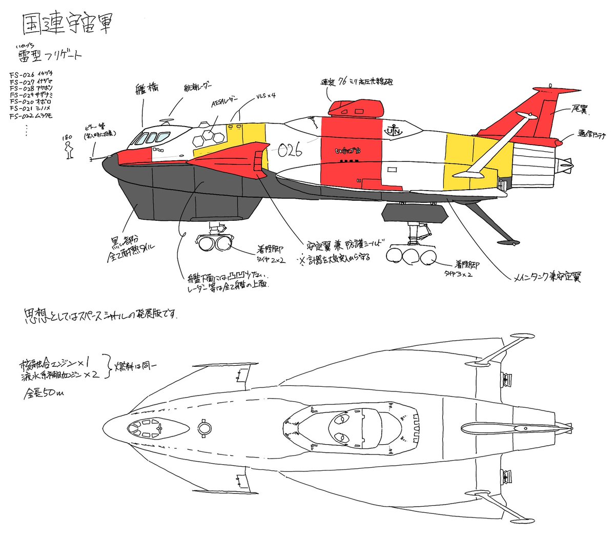 以前描いたものを清書。
国連宇宙軍　雷型宇宙フリゲート
防衛艦36番よりさらに前の、滑走路を使用して飛び立つ旧式艦。
大気圏突入も古い方式であり、突入時高温になる艦体下面には耐熱タイルが敷き詰められている。

#異史内惑星戦争2170
