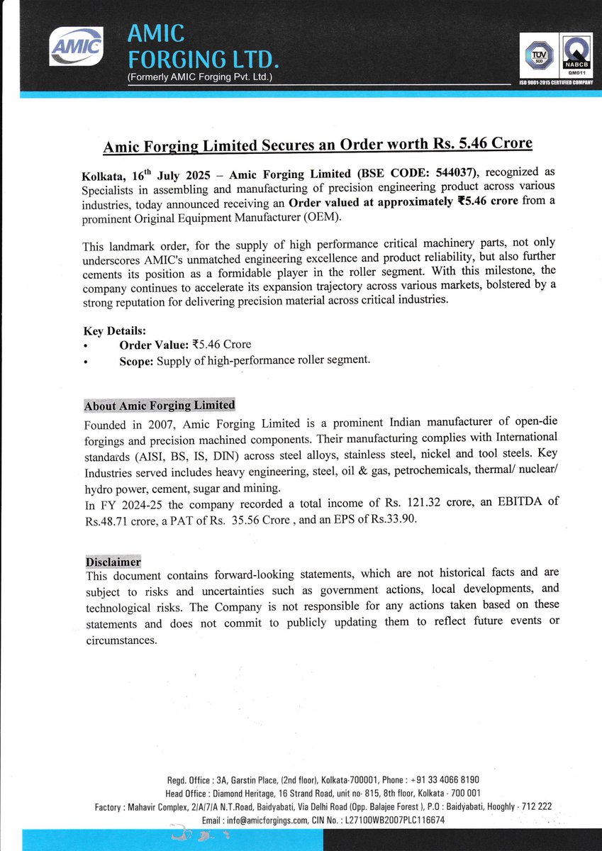nileshkurhade's tweet image. 📌 Amic Forging Limited informed the exchange about receiving an Order valued at approximately ₹5.46 crore from a reputed customer, which is a joint venture of Mitsubishi Heavy Industries and Partners for the supply of high-performance roller segment. #SME #AMIC 💰✅