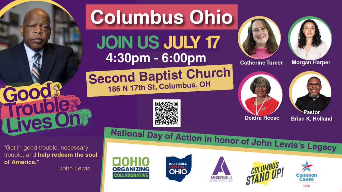 CommonCauseOhio's tweet image. John Lewis Day of Action- Good Trouble Lives On!
📅 Thursday, July 17
🕑 4:30-6:00pm
📍 Second Baptist Church
mobilize.us/john-lewis-act…