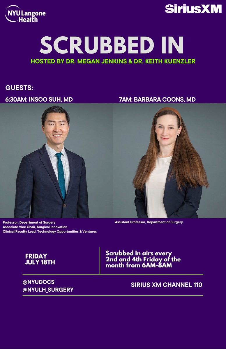 NYULH_Surgery's tweet image. Join Insoo Suh, MD at 6:30AM, and Barbara Coons, MD at 7:00AM, on Friday, July 18, for a dynamic discussion on #surgicalinnovation and the evolving Medtech space. @nyudocs #NYULHSurgery