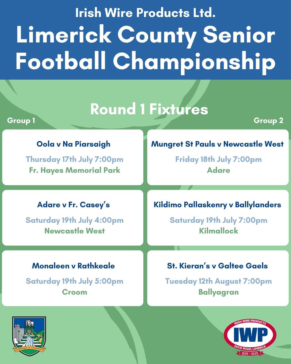 Round 1 of the Limerick Senior Football Championship kicks off tomorrow evening, with a weekend full of action to follow!

Wishing all the clubs the very best of luck over the coming months in what is always a hugely enjoyable competition 🏐

🎟 tickets universe.com/users/limerick…