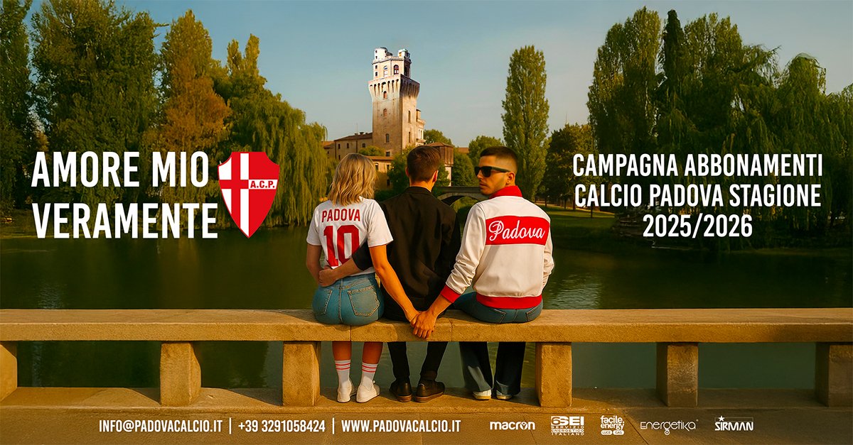 Quando ami il Padova non c’è spazio per nessun altro
AMORE MIO VERAMENTE 🤍❤️
Campagna Abbonamenti Calcio #Padova 2025/2026
Tariffe speciali per Over65, Giovani 18/25, Donne e Università
ℹ️ Tutte le Info su: bit.ly/amoremioverame…