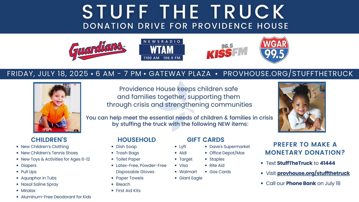 CLEInspires's tweet image. Join us this Friday as we partner with @wtam1100, 96.5 KISS FM, @995wgar to help our community partners at Providence House & Crisis Nursery. Stop by Gateway Plaza with supplies on your way to work, during your lunch hour or on your way into our game!