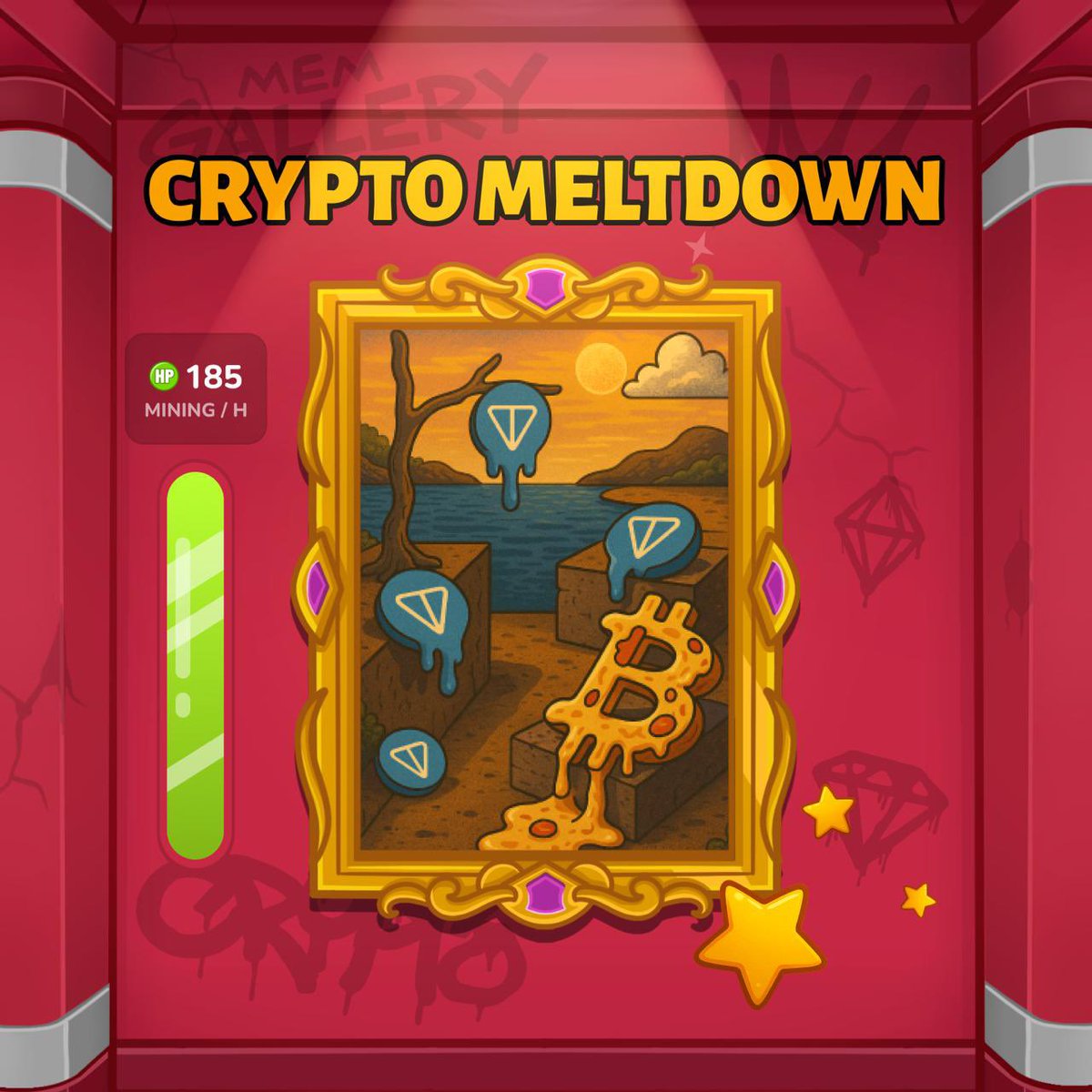 MemHustleArmy's tweet image. Things are heating up in the surreal side of crypto…
Presenting Crypto Meltdown, a new mem-art masterpiece in the Red Room
🦆 25 upgrade levels
🚀 Max mining: 185 HP/hour
💎 Upgrade with Gems
➡️ GO TO MEMGALLERY