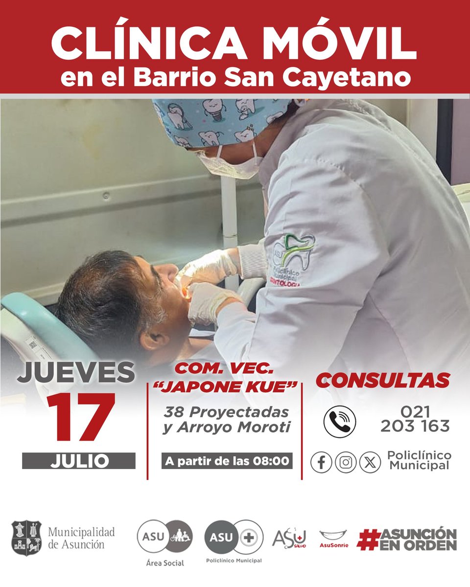 ¡Atención vecinos del Barrio San Cayetano! 

¡Los invitamos a una jornada de asistencia médica!   

Fecha:  Juves 17 de Julio
Horario: A partir de las 08:00
Lugar:  Comisión Vecinal "Japone Kue"

En esta jornada, contaremos con controles médicos en diversas especialidades.