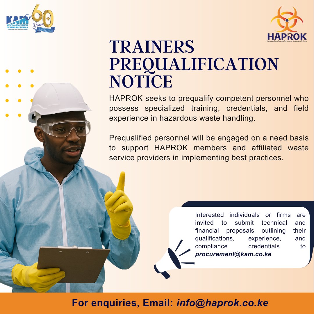 haprok_kenya's tweet photo. ππππ π
ππ ππππππππ
@haprok_kenya is prequalifying trainers to support members & waste handlers with capacity-building.
Terms of Reference: https://t.co/hfHqGVzPV0
π© Apply by 5th Aug 2025
π§ procurement@kam.co.ke
#haprok #hapanihome #environment
@NemaKenya https://t.co/lsDYMx5Ulj