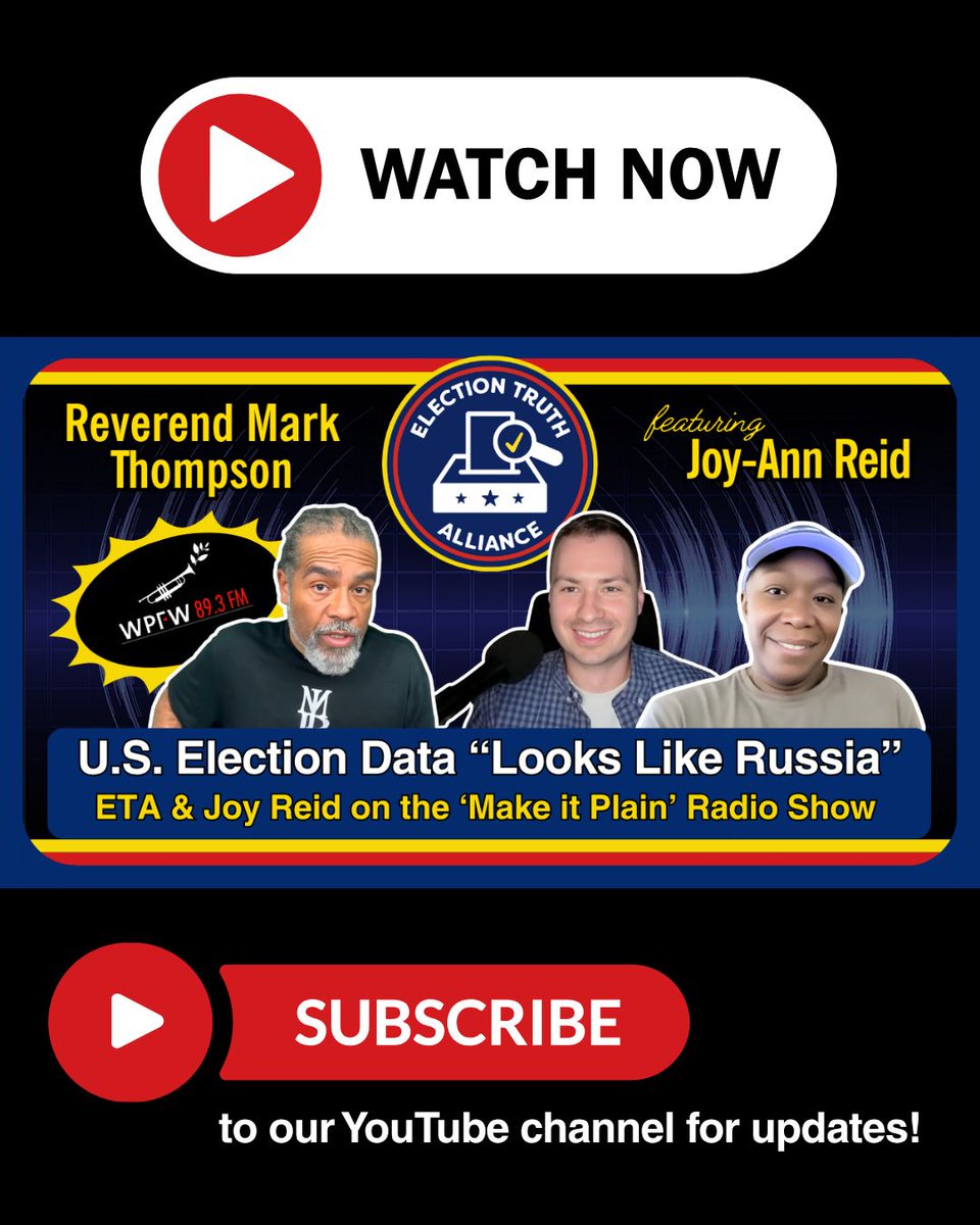 ETA_Org's tweet image. Nathan joins Rev Mark Thompson and special guest Joy-Ann Reid on Make it Plain WPFM 89.3 FM to discuss election integrity and the irregularities being found in the 2024 U.S. election data.
FULL Interview: youtu.be/IF1k1oMgNHg
#Radio #Interview #MakeInPlain #VerifyTheVote