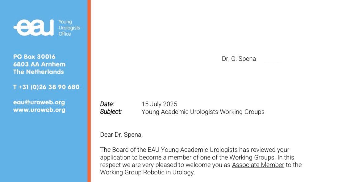 Dr. Gianluca Spena (@gianlucaspena) on Twitter photo 🌟 I’m thrilled to share that I’ve joined the EAU Young Academic Urologists (YAU) as an Associate Member of the Working Group <a href="/EAU_YAURobotics/">EAU_YAURobotics</a>
Big thanks to the Board for the trust and this opportunity. I’m really happy to be part of the group and excited for what’s ahead! 🙌 🌟 I’m thrilled to share that I’ve joined the EAU Young Academic Urologists (YAU) as an Associate Member of the Working Group <a href="/EAU_YAURobotics/">EAU_YAURobotics</a>
Big thanks to the Board for the trust and this opportunity. I’m really happy to be part of the group and excited for what’s ahead! 🙌