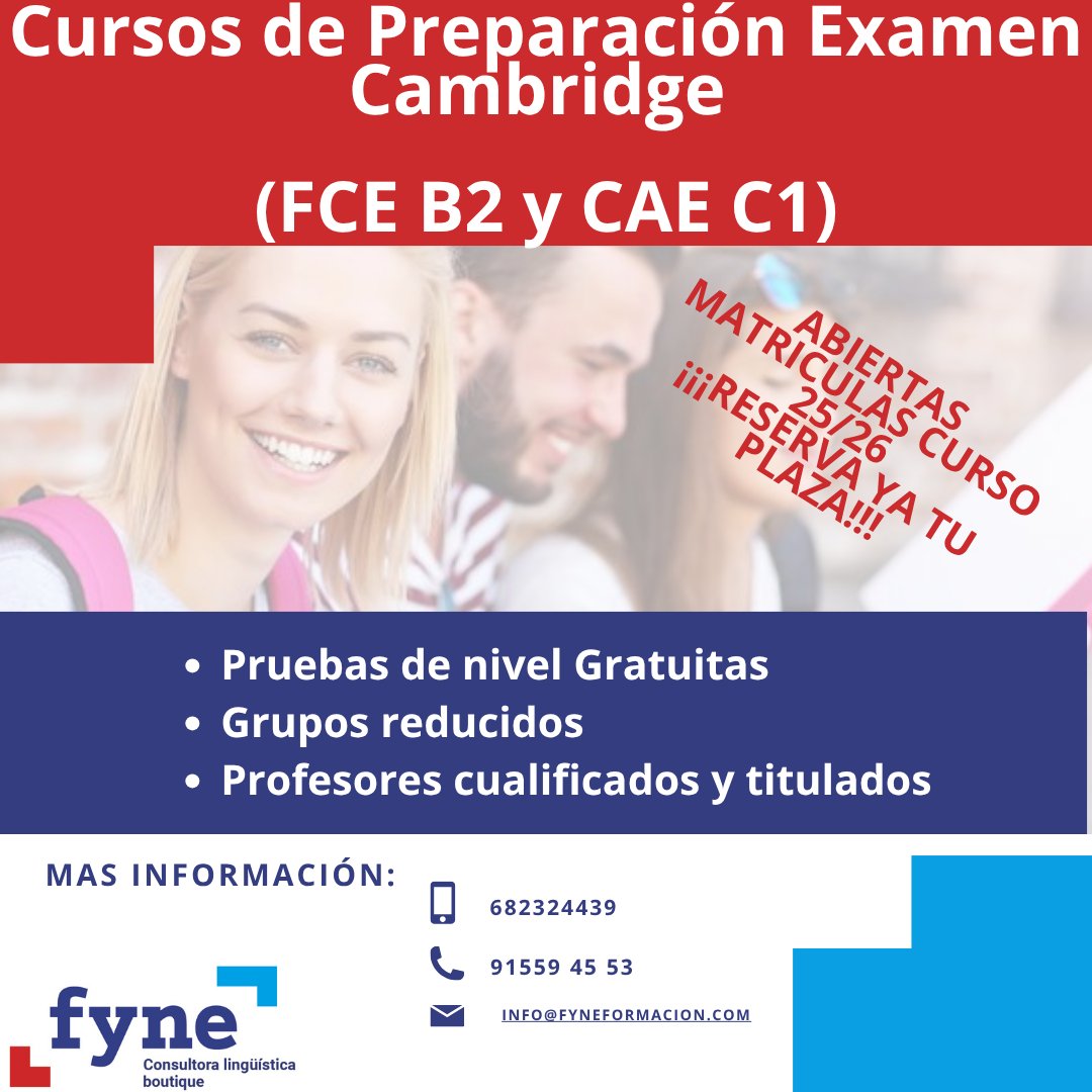 Cursos de Preparación #Cambridge 
Los #cursosdeingles #CAE y #FCE de FYNE  ofrecen: ✔️Clases dinámicas  
✔️Material de estudio 
✔️Pruebas de nivel gratuitas
 ¡matrículas abiertas! Cupos limitados 
WhatsApp. 682324439 📞📲