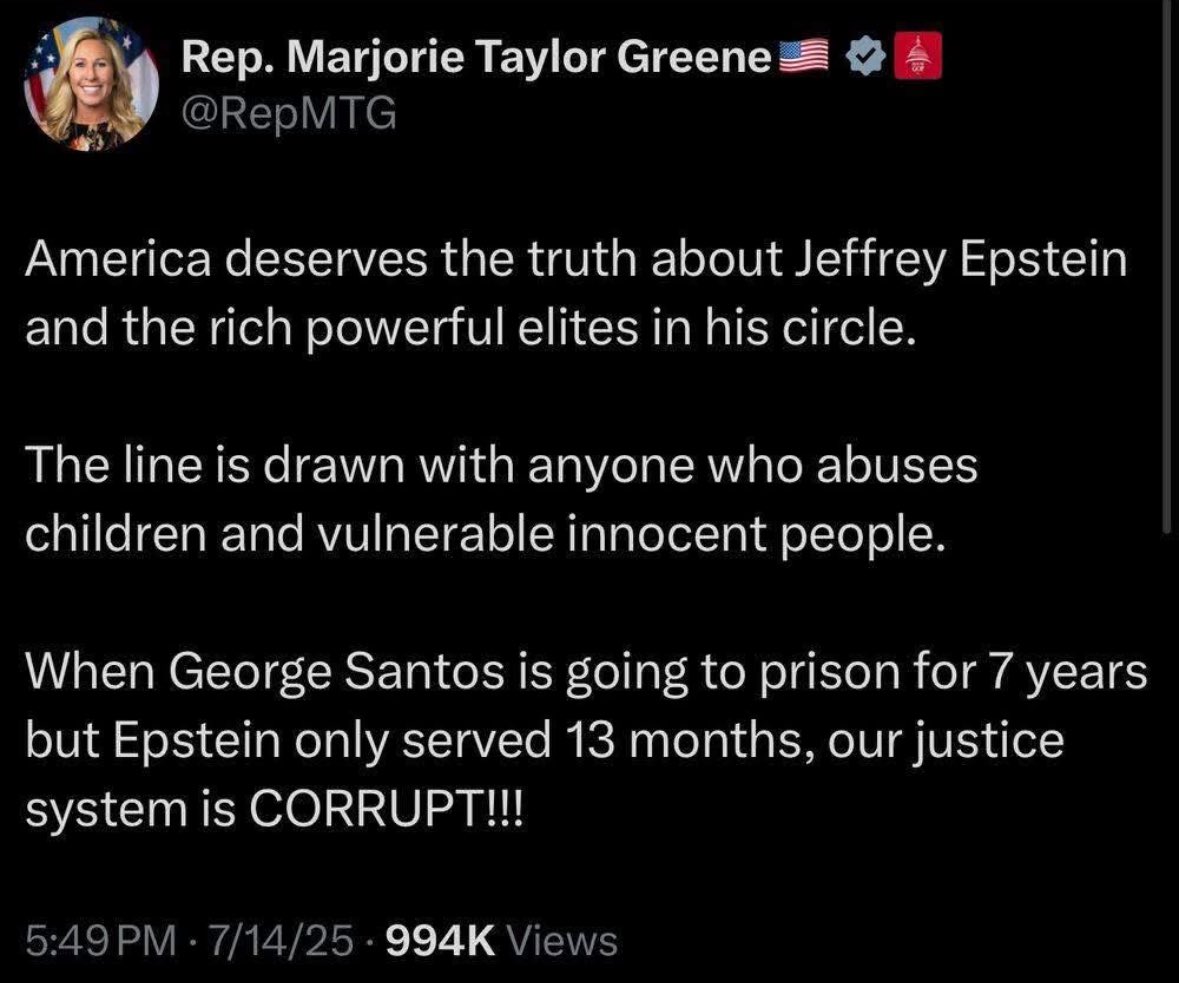 Sure Marjorie! Yet, you voted to not release the Epstein files. 😡