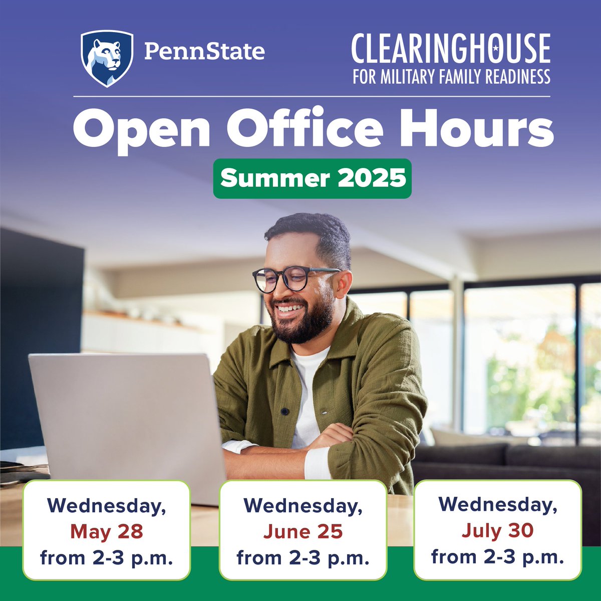 ‼️ON JULY 30TH‼️join the #PSUClearinghouse from 2-3 p.m. EDT for #OpenOfficeHours, where our experts can answer your questions about implementing programs that support #militaryfamilies.
 
Sign up for this or future sessions here: militaryfamilies.psu.edu/resources/open…   
 
 #MilitarySupport