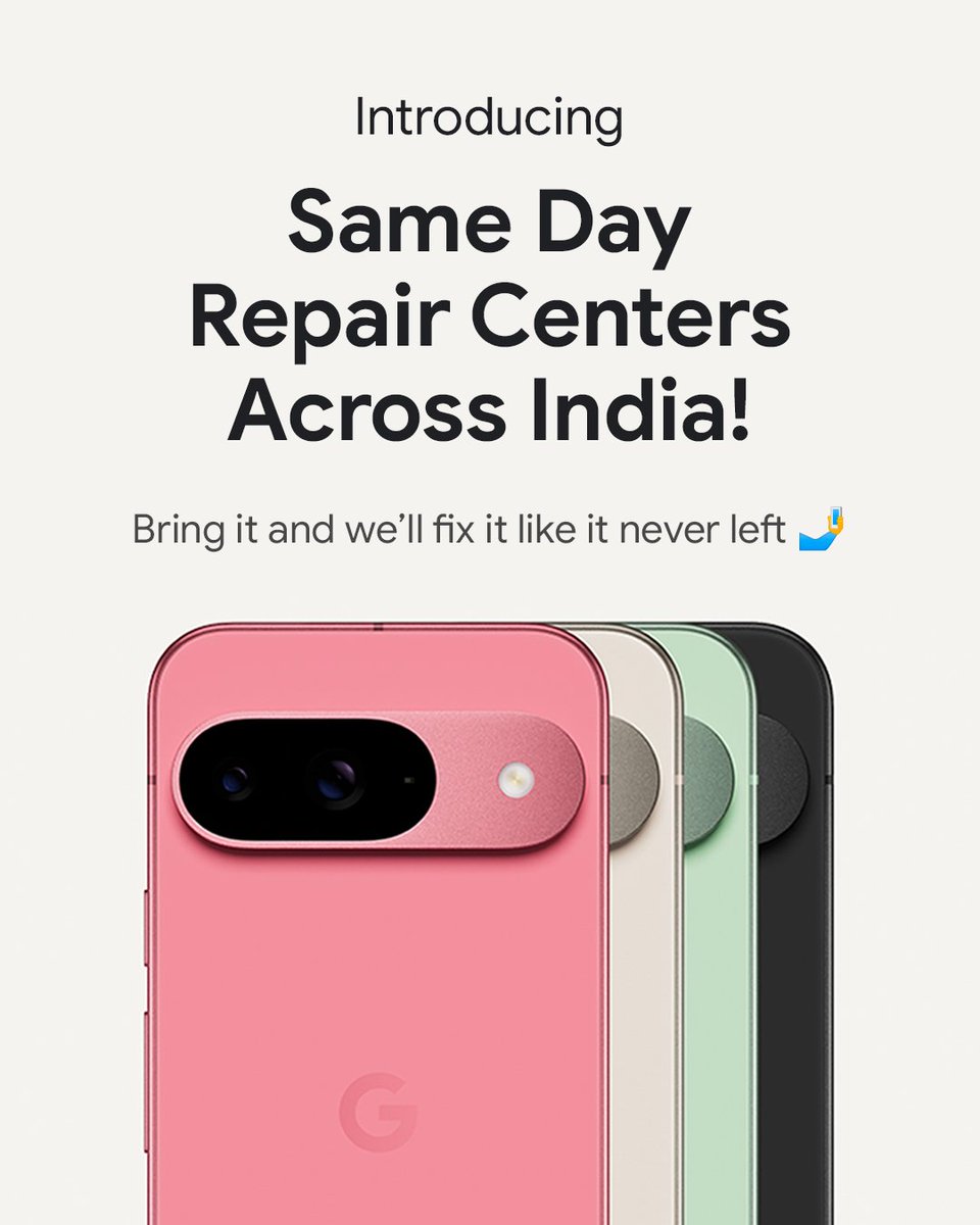 GoogleIndia's tweet image. 📍Same Day Repair Centres now live in 21 cities where 80% of Pixel phones are fixed the same day ⚡
🛠️ Another way you can get support is by opting for the convenience of free doorstep pick-up and drop through our mail-in service.
Know more: store.google.com/magazine/suppo….