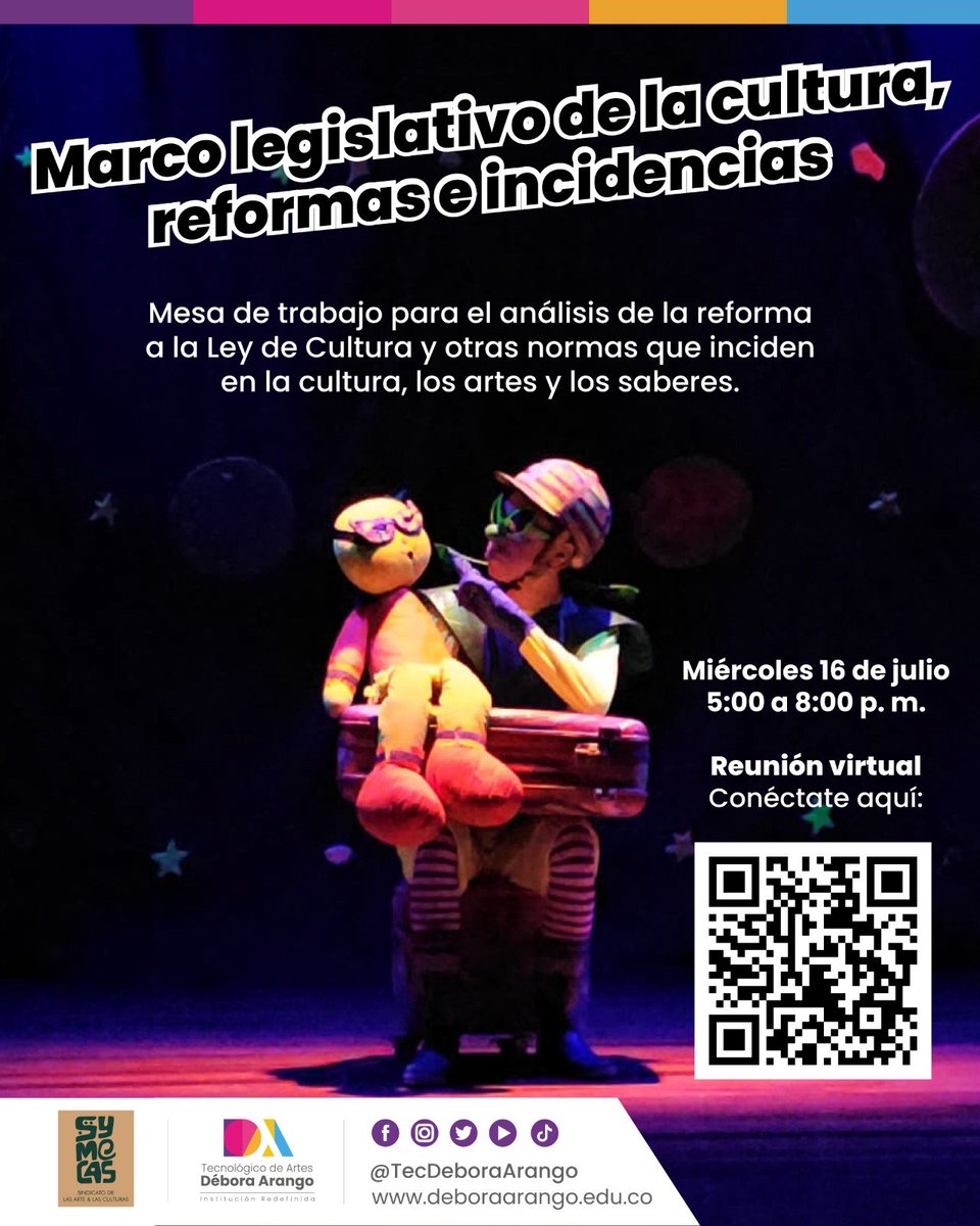 SYMECAS (@symecas) on Twitter photo Conéctate hoy 16 de julio a la mesa de trabajo para el análisis de la reforma a la Ley de Cultura y otras normas que inciden en la cultura, los artes y los saberes.
Te esperamos a las 5:00 p. m. en meet.google.com/kam-jsgo-xam
Invitan: SYMECAS y <a href="/TecDeboraArango/">Tecnológico de Artes Débora Arango</a> Conéctate hoy 16 de julio a la mesa de trabajo para el análisis de la reforma a la Ley de Cultura y otras normas que inciden en la cultura, los artes y los saberes.
Te esperamos a las 5:00 p. m. en meet.google.com/kam-jsgo-xam
Invitan: SYMECAS y <a href="/TecDeboraArango/">Tecnológico de Artes Débora Arango</a>