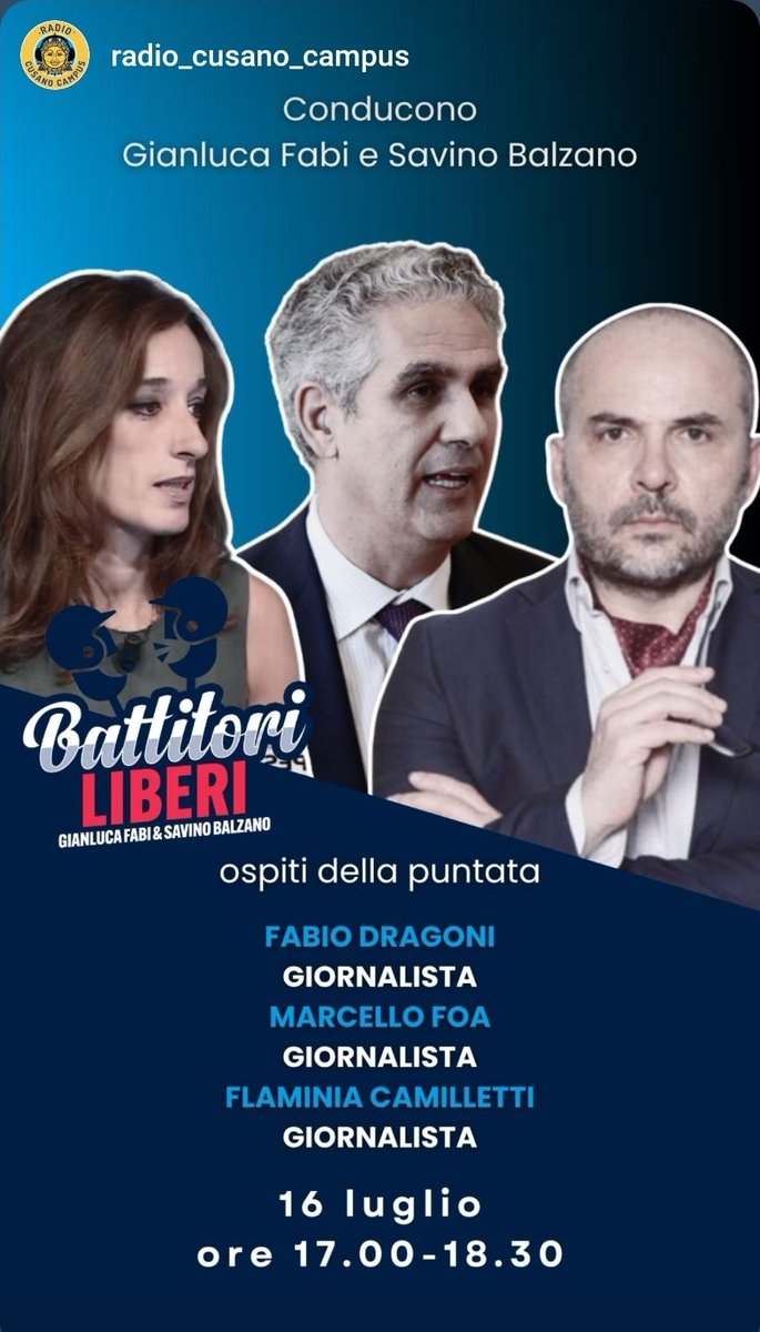 SavinoBalzano's tweet image. Dalle 17 alle 18.30 su #RadioCusano, #BattitoriLiberi.
Con @FlamiCami, @fdragoni, @MarcelloFoa.
Per me, PUNTATONE.