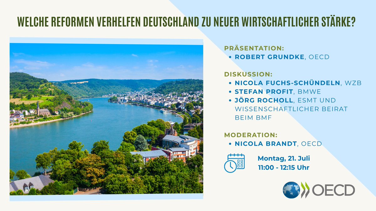 Welche Reformen braucht Deutschland für die Wiederbelebung der wirtschaftlichen Dynamik? Der neue OECD-Bericht Deutschland gibt Impulse – wir diskutieren sie im Panel:
📅 Mo, 21. Juli ⏰11:00–12:15 Uhr
🔗 Jetzt zum Webinar anmelden: events.oecd-berlin.de/386