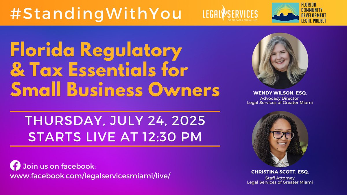 _LSGMI_'s tweet image. Are you a small business owner or aspiring entrepreneur in Florida? Don’t miss this FREE Facebook Live session on July 24th at 12:30PM where our attorneys will break down key state regulations and tax issues you must know to stay compliant in Florida and succeed.…