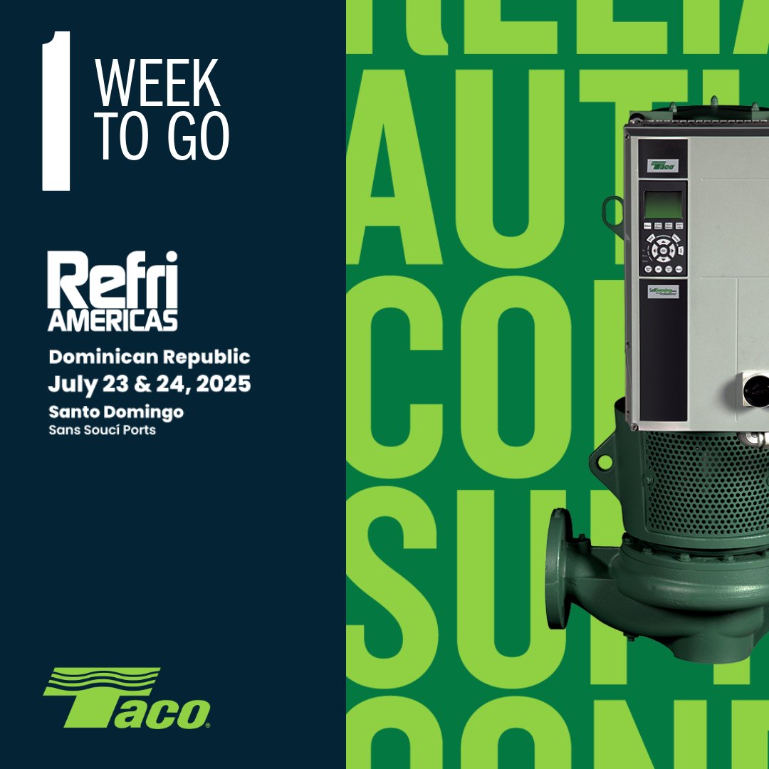 TacoComfort's tweet image. ⏳ 1 week to go!

We’re heading to @Refriamericas  in Santo Domingo, July 24–25.
Stop by Booth #384 to see our SelfSensing Pump Tech in action — built to simplify installs and boost efficiency.

💧 Let’s make water work, together.
#TacoSolutions #WaterDrivenSolutions #TacoSupport