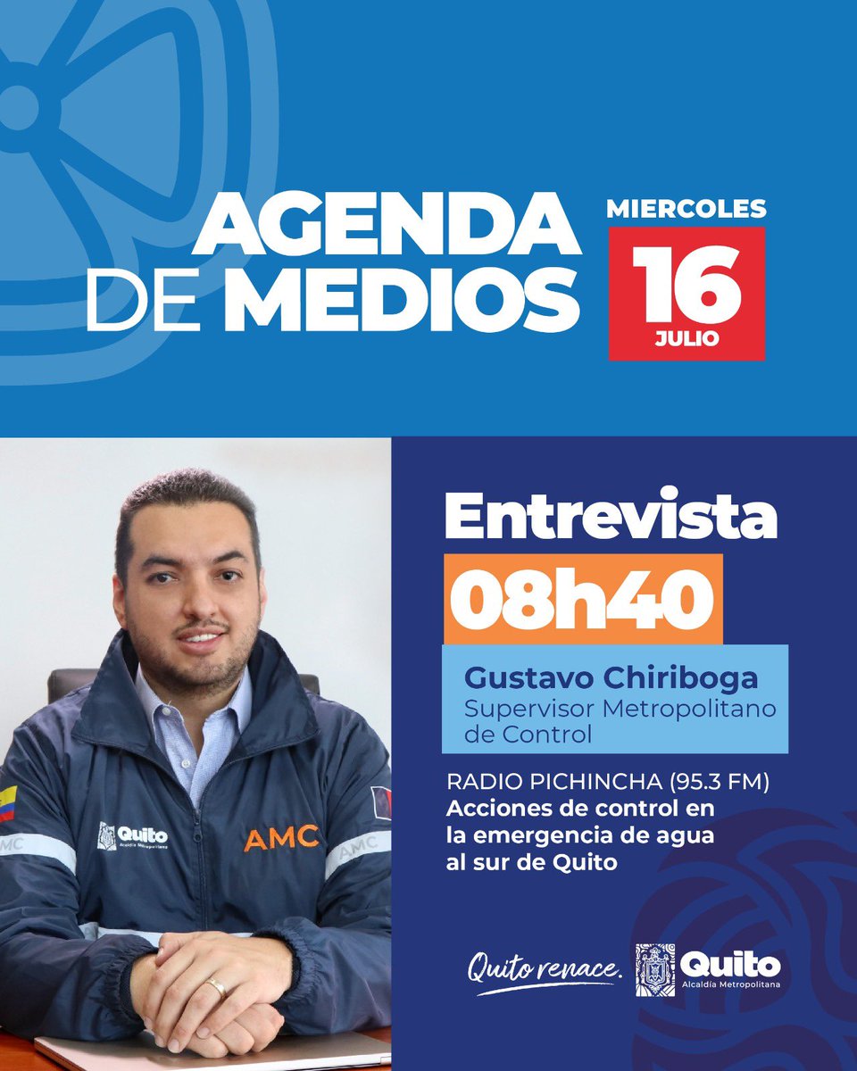 Agencia Metropolitana de Control (@amcquito) on Twitter photo 📻 #AMCenMedios | Hoy, <a href="/guschiribogam/">Gustavo Chiriboga M ∴</a> estará en los 🎤microfonos de <a href="/radio_pichincha/">Radio Pichincha</a> (95.3 FM).
🛂 Abordará las acciones de control que realizamos en la emergencia de agua, en el sur de Quito.
🤝Con orden y control,
#QuitoRenace 📻 #AMCenMedios | Hoy, <a href="/guschiribogam/">Gustavo Chiriboga M ∴</a> estará en los 🎤microfonos de <a href="/radio_pichincha/">Radio Pichincha</a> (95.3 FM).
🛂 Abordará las acciones de control que realizamos en la emergencia de agua, en el sur de Quito.
🤝Con orden y control,
#QuitoRenace