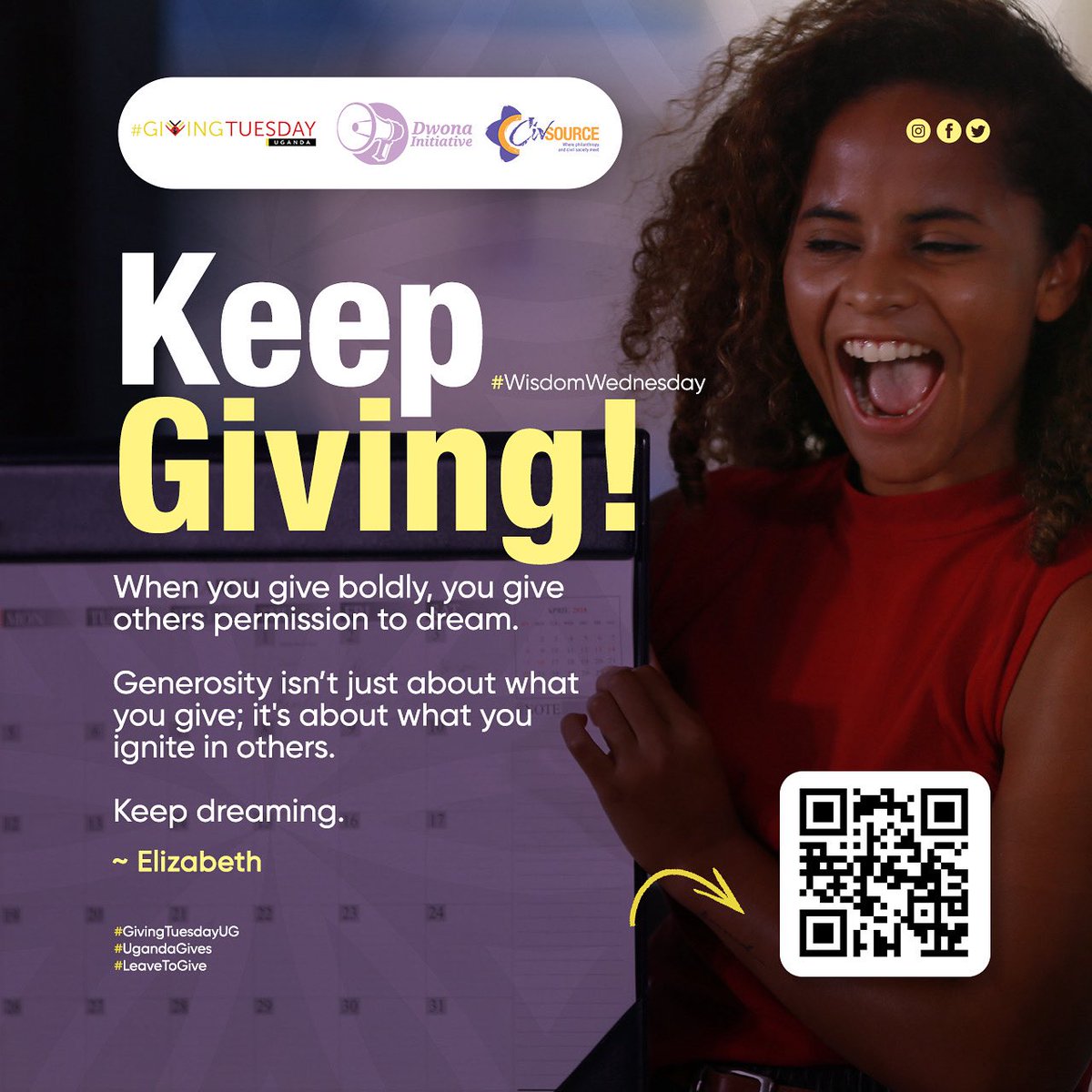 🌱Keep Giving!
 
#WisdomWednesday
“When you give boldly, you give others permission to dream.” - Elizabeth
 
Generosity isn’t just about what you give; it’s about what you ignite in others.
 
Keep dreaming.🫶🏾
#GTUGStories #HeartOfUganda #BoldGiving #WisdomWednesday
#QuirkForGood