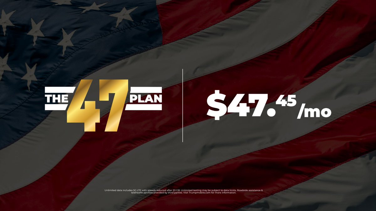 TrumpMobile's tweet image. 🇺🇸 Proudly patriotic and customer-first—Trump Mobile offers U.S.-based support, unlimited talk/text/data, 24/7 roadside assistance, telehealth and global calling for just $47.45/mo.
It’s time to sign up!