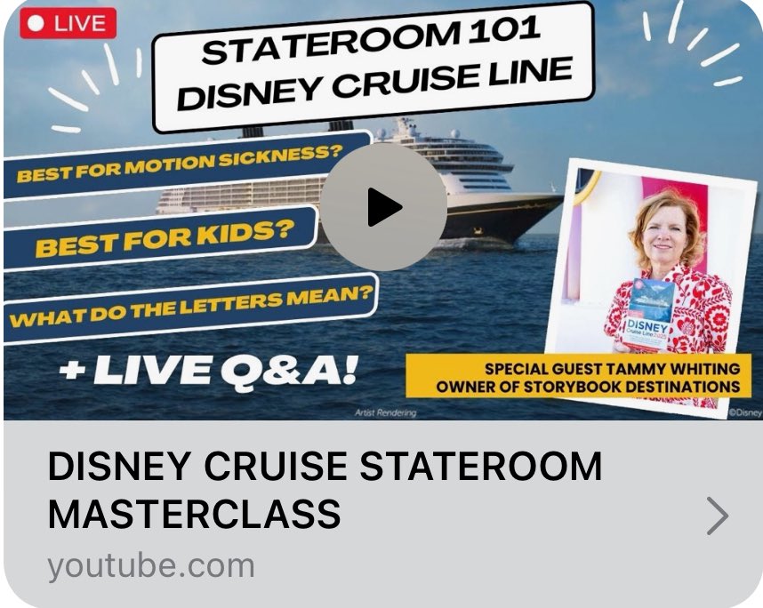 Need a Masterclass on Disney Cruise Line staterooms? Tammy is going live tonight to bring you one! Tune in at 7 PM EST! 

youtube.com/live/2czy8eRie…