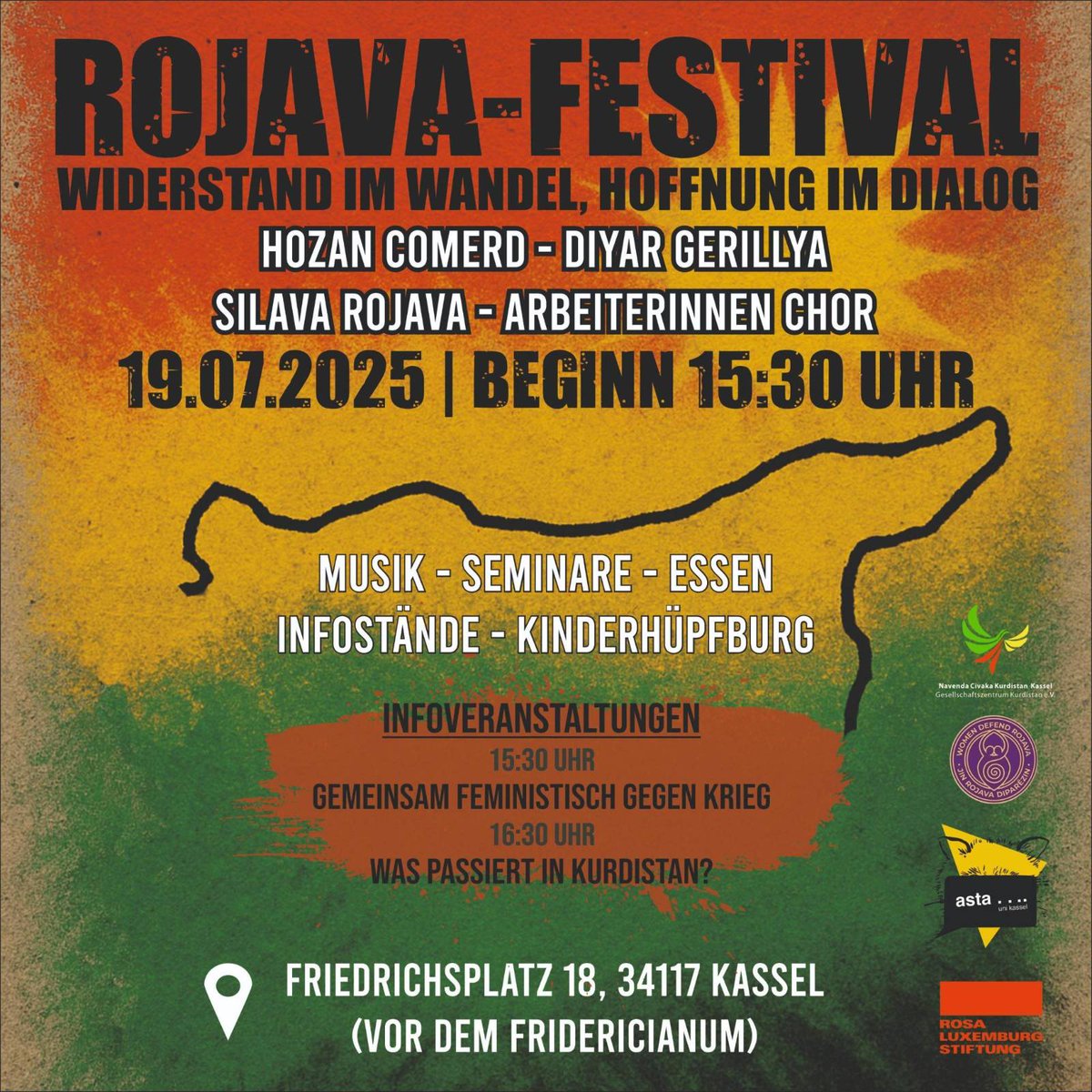 Siyarberxko's tweet image. ROJAVA-FESTIVAL IN KASSEL - „Widerstand im Wandel, Hoffnung im Dialog“ ☀️
📍 19.07. 2025 Friedrichtsplatz Kassel – 🕐 15:30 Uhr Seminare, 18 Uhr Bühnenprogramm
Die Selbstverwaltung Nordostsyriens – Rojava – hat es geschafft, trotz Krieg, Blockade und zahlreichen…