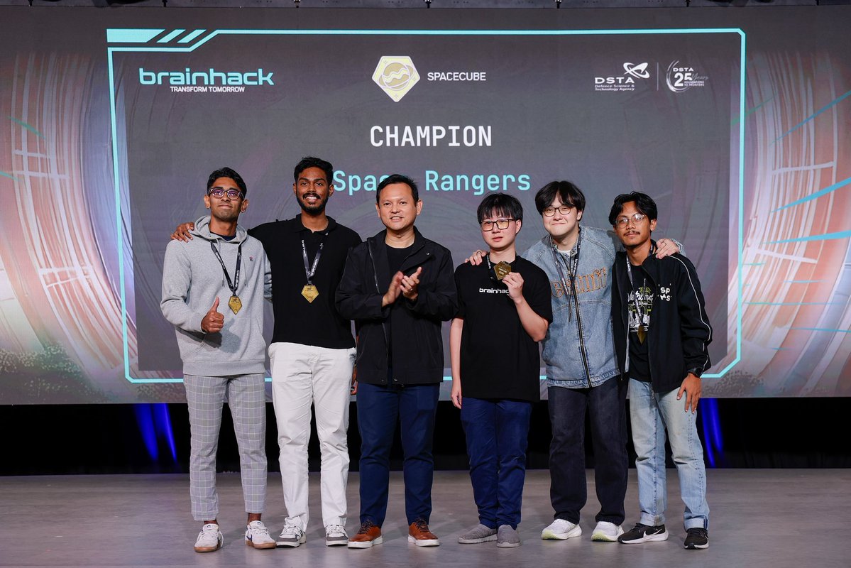 NTUsg's tweet image. Rocketing to victory: Two #NTUsg teams clinched top spots at DSTA’s BrainHack 2025, outshining some 4,000 students from 109 schools. Their winning solutions included a compact satellite with high-res imaging capable of detecting subtle surface features such as hidden buildings…
