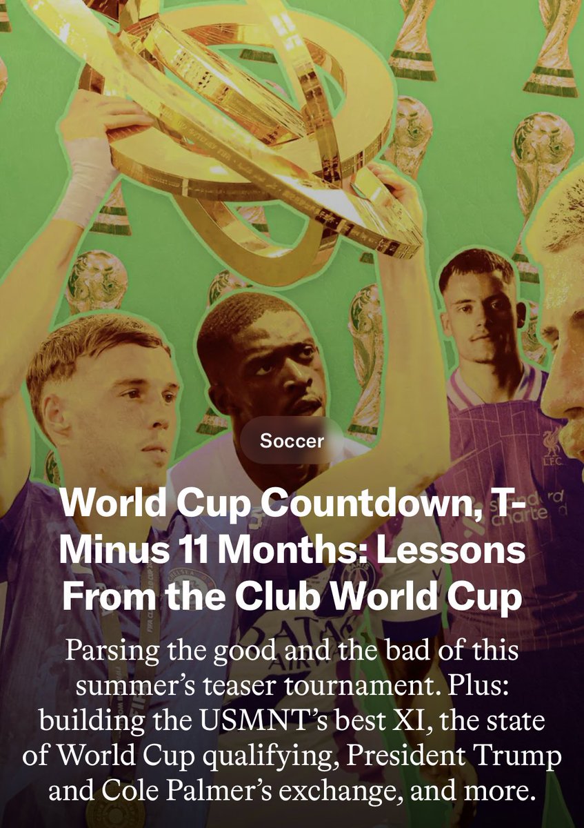 AnthonyDabbundo's tweet image. I’ve started a new monthly soccer column @ringer in the build-up to the 2026 World Cup!
Welcome to The World Cup Countdown… we’re less than 11 months until the opener
The first edition:
Club World Cup
State of the States
Stock watch
Awards