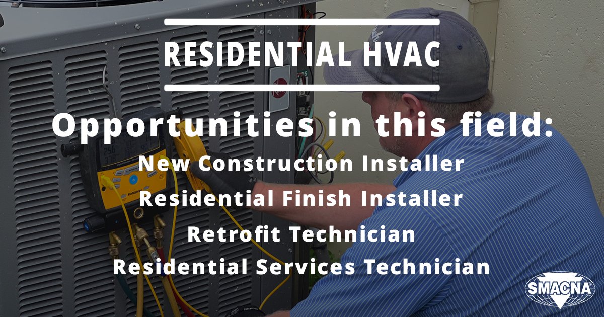 SMACNA's tweet image. As a residential HVAC technician, you will install and service complete residential HVAC systems. You will install ductwork for various types of residences, including single-family homes, townhomes, and apartment buildings. You may also work on duct systems in existing buildings…