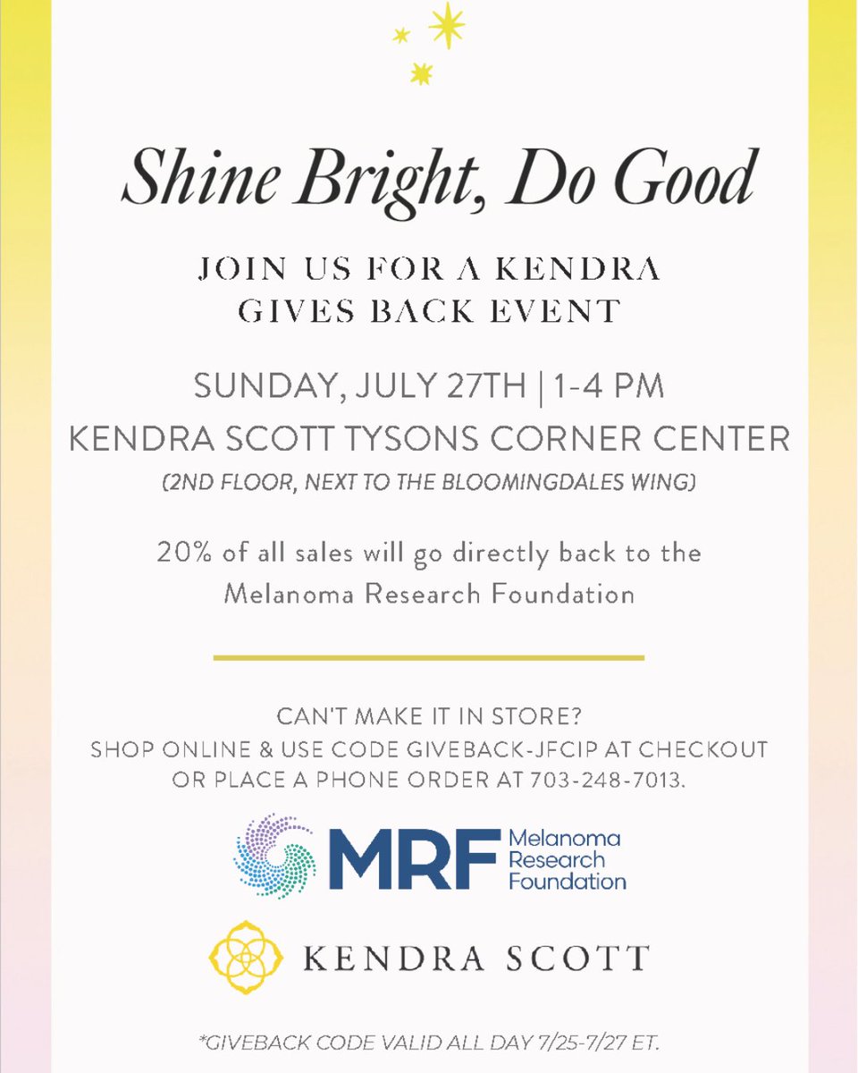 CureMelanoma's tweet image. Shop for a cause this July with the Melanoma Research Foundation x @KendraScott!
Join us at the Kendra Scott Tysons Corner Center on Sunday, July 27 from 1-4 PM for a Kendra Gives Back event. 20% of sales generated will be given directly back to the MRF!
Can’t make it?…