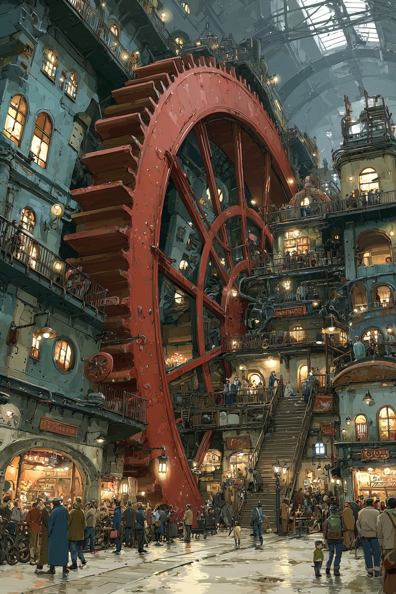 次回 #mimiめる の作例紹介です✨

お題【歯車】
含めるプロンプトは【gear と Steampunk】
発表会は7月22日（火）
巨大歯車を利用した街並み✨
プロンプトや設定はALTをご参考くださいませ〜☺️