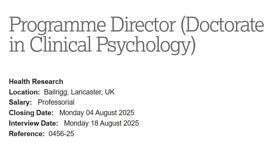 Division of Health Research, Lancaster University (@lancsdhr) on Twitter photo Interested in a leadership role at our highly regarded <a href="/LancsDClinPsy/">Lancaster DClinPsy</a> programme. Applications open, closing date 4th August. See hr-jobs.lancs.ac.uk/Vacancy.aspx?r… for details. #psychology #clinicalpsychology #health Please RT Interested in a leadership role at our highly regarded <a href="/LancsDClinPsy/">Lancaster DClinPsy</a> programme. Applications open, closing date 4th August. See hr-jobs.lancs.ac.uk/Vacancy.aspx?r… for details. #psychology #clinicalpsychology #health Please RT