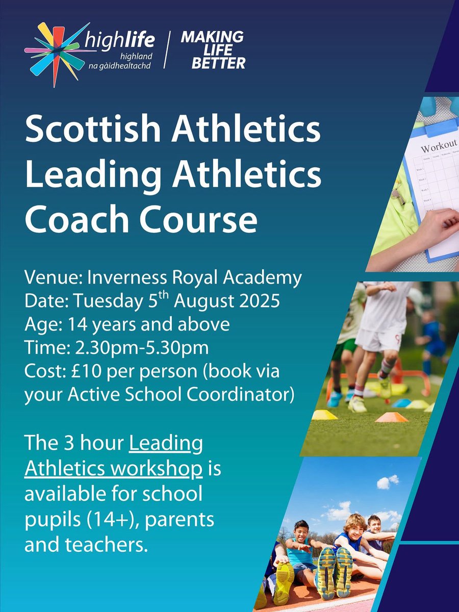 Scottish Athletics - Leading Athletics Coach Course🎽🎽

📅: Tuesday 5th August 
📍: Inverness Royal Academy Sports Centre
⏰: 2:30 - 5:30pm

For any school pupils who are on the High Life Highland Leadership Programme, this course counts towards the purple hoodie milestone.