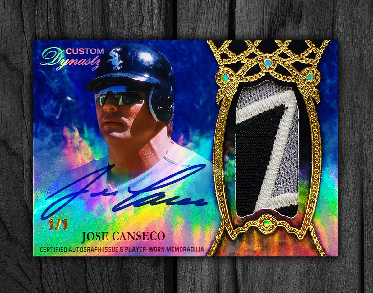 tanmanbbfan's tweet image. Here's a custom Dynasty card I created of my favorite player Jose Canseco - he wasn't in the set.
The patch is from a jersey I had him wore for me literally so I could create cards like this and have "player worn" cards.
This isn't signed yet, so I photoshopped the sig on to…