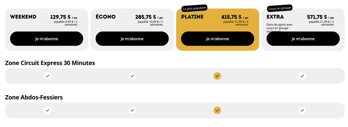 etiennefd's tweet image. not a fan of the fact that this gym's "platinum" plan is the only one that is colored in gold 🙃
especially since there's an even higher plan that *could* be the platinum above the gold plan!